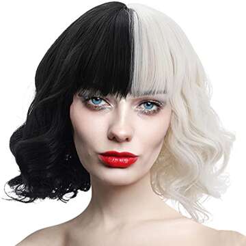 Rauoawby Women Black and White Wigs with for Cruella de Vil Cosplay Curly Bob Hair with Red Satin Opera Gloves for Girls Dress Up Birthday Gift (Black and White)