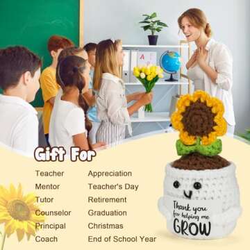 MBL Appreciation Gifts for Teacher Women - Thank You Gifts for Coworkers Boss Lady, Thank You for Helping Me Grow Handmade Crochet Sunflower Pot for Teacher Valentines Day Last Day of School Gifts