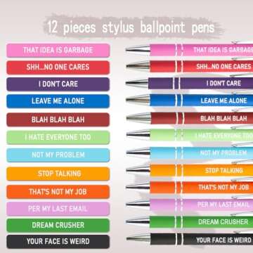 Fuhgkg 12 Pieces Funny Snarky Negative Quotes Ballpoint Pens with Black Ink Stylus Tips Touch Screens, Medium Point Smooth Writing Pens for Office and Women(12 colors)