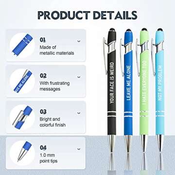 Fuhgkg 12 Pieces Funny Snarky Negative Quotes Ballpoint Pens with Black Ink Stylus Tips Touch Screens, Medium Point Smooth Writing Pens for Office and Women(12 colors)