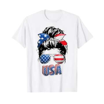 American Mom Life Messy Bun Women 4th of July Girl USA Flag T-Shirt