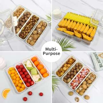 Yuroochii Divided Serving Tray Fresh-keeping Box with Lid&Handle, 4 Compartments Snacks Box, Snack Fruit Tray, Veggie Tray, Portable Snack Platter for Candy Fruits Nuts Snack Party Entertaining Picnic