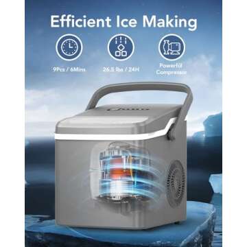 Kndko Ice Maker Countertop, Portable Ice Maker Machine with Handle, 26.5Lbs/24H, 9Pcs/6Mins, 2 Sizes of Bullet Ice, Self-Cleaning, Basket and Scoop, Ideal for Home/Office/Outdoor Use, Grey