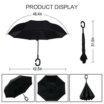 MRTLLOA 40/49/56 Inch Oversize Windproof Inverted Reverse Upside Down Umbrella, Golf Size Rain Umbrella, Double Layer, C-Shaped Handle for Men, Women and Kids(Black, 49 Inch)