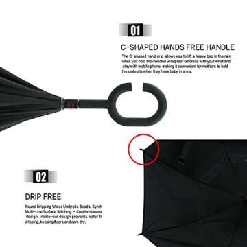 MRTLLOA 40/49/56 Inch Oversize Windproof Inverted Reverse Upside Down Umbrella, Golf Size Rain Umbrella, Double Layer, C-Shaped Handle for Men, Women and Kids(Black, 49 Inch)