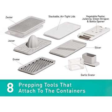 Prepdeck Recipe Preparation Kit and Storage, 8 Premium Prepping Tools, Cutting Board with 15 Tritan Plastic Food Containers with Lids, Removable Trash Bin, Microwave and Top-Rack Dishwasher Safe