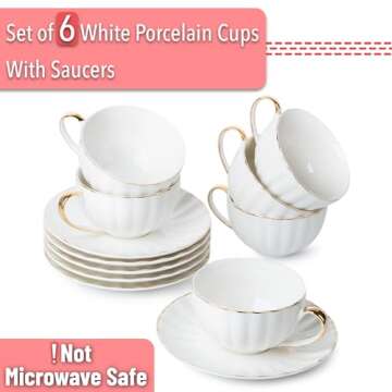 BTaT- Tea Cups and Saucers, Set of 6 (7 oz) with Gold Trim and Gift Box, Cappuccino Cups, Coffee Cups, White Tea Cup Set, British Coffee Cups, Porcelain Tea Set, Latte Cups