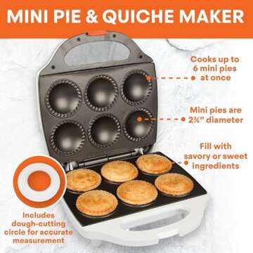 MasterChef Mini Pie and Quiche Maker- Pie Baker Cooks 6 Small Pies and Quiches in Minutes- Non-stick Cooker w Dough Cutting Circle for Easy Dough Measurement and Filling, Birthday Gift