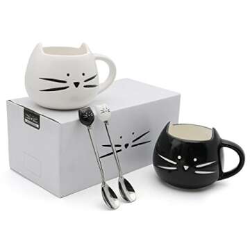 Koolkatkoo Cute Cat Mug Ceramic Coffee Mugs Set Gifts for Women Girls Cat Lovers Funny Small Cup with Spoon 12 oz Black and White