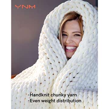 YnM Velvet Weighted Blanket, Handmade Chunky Knitted Design, Soft and Cozy, Temperature Regulating and Breathable, Machine Washable Throw for Sleep or Home Decor (Cream, 60x80 Inch, 15lbs)