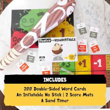 Exploding Kittens Presents Poetry for Neanderthals - Family Card Game for Adults, Teens & Kids - Competitive Word Guessing Family Games, Ages 7 and Up - Includes 200 cards and a 2-foot inflatable club