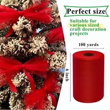 Red Tulle Fabric Rolls 6 Inch by 100 Yards (300 feet) Fabric Spool Tulle Ribbon for Christmas Gift Wrapping DIY Tutu Bow Baby Shower Birthday Party Wedding Decorations Craft Supplies