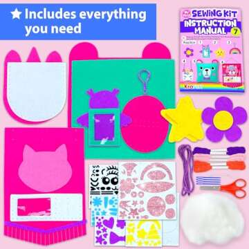 KRAFUN My First Sewing Kit for Beginner Kids Arts & Crafts, 7 Easy DIY Projects of Stuffed Animal Dolls and Plush Pillow Craft, Instructions & Felt, Gift for Girls, Boys, Learn to Sew, Embroidery