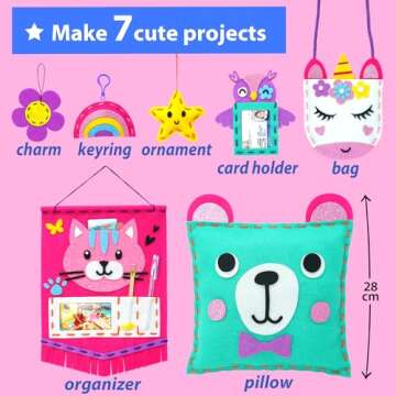 KRAFUN My First Sewing Kit for Beginner Kids Arts & Crafts, 7 Easy DIY Projects of Stuffed Animal Dolls and Plush Pillow Craft, Instructions & Felt, Gift for Girls, Boys, Learn to Sew, Embroidery