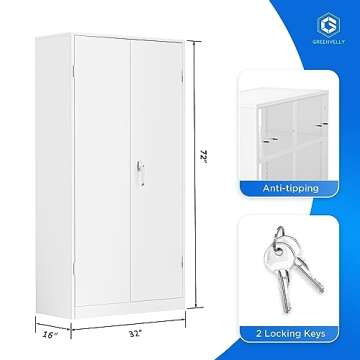 Greenvelly White Metal Storage Cabinet, 72" Locking Storage Cabinets with Doors and 4 Shelves, Tall Tool Storage Cabinet for Garage, Steel Lockable File Cabinet Metal Locker for Home Office, Classroom