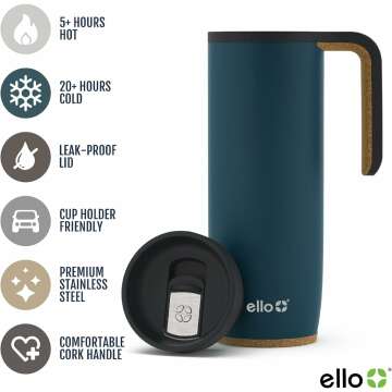 Ello Magnet 18oz Vacuum Insulated Stainless Steel Travel Mug with Side Handle and Leak-Proof Slider Lid and Built-in Coaster, Keeps Hot for 5 Hours, Perfect for Coffee or Tea, BPA-Free