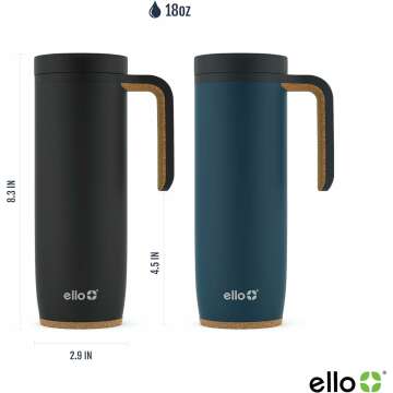 Ello Magnet 18oz Vacuum Insulated Stainless Steel Travel Mug with Side Handle and Leak-Proof Slider Lid and Built-in Coaster, Keeps Hot for 5 Hours, Perfect for Coffee or Tea, BPA-Free