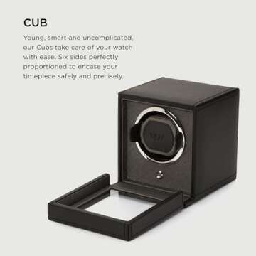 Wolf Cub Single Watch Winder with Glass Cover, Black - Secure Fit with Patented Lock-in Dynamic Cuff - Accommodates All Wrist Sizes - Vegan Leather - Includes Universal Adapter