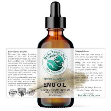 Bella Terra Oils - Emu Oil 4 oz - Genuine Pure Australian Emu, Infused with Linoleic & Oleic Acid, Perfect Companion for Lustrous Skin