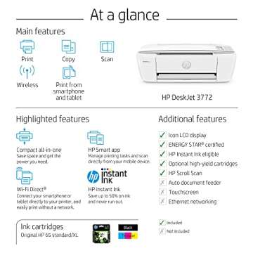 HP DeskJet 3772 All-in-One Color Inkjet Printer Scanner and Copy, Instant Ink Ready, Wireless Printers for Home and Office, Photo Print, Built-in WiFi, T8W88A (Renewed)