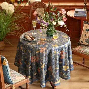 patdrea Designer Blue Tablecloth for Round Tables,Luxury Linen Wrinkle Free Floral Pattern Tablecloths,Decorative Table Cover Cloth for Kitchen Dining Room Thanksgiving Christmas,Diameter 55"