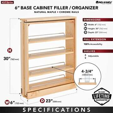 Rev-A-Shelf Pullout Shelf Organizer for Base Kitchen or Bathroom Cabinets, Wood Filler Pantry Storage or Spice Rack, Maple, 6" x 23" x 30", 432-BF-6C