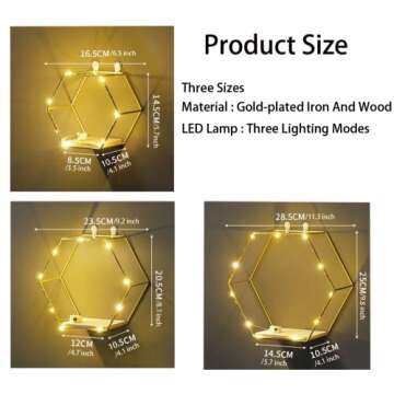 Liywall - Hexagon Floating Shelves Wall Decor, Gold Metal Wire and Wood Wall Mounted Storage Shelf Home Decorations Art for Bedroom Living Room Kitchen Bathroom, Set of 3 with LED Lights