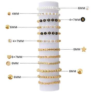 Whaline 1500Pcs Gold Spacer Beads Kit 10 Styles Bracelets Making Beads Assorted Gold White Black Spacer Beads Star Flat Beads Alphabet Letter Beads for DIY Craft Jewelry Making Necklace Bracelet