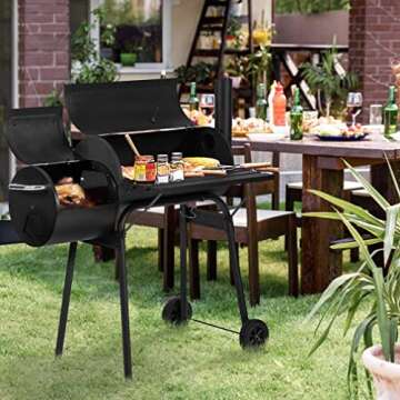 Charcoal Grills, MGHH Portable Charcoal Grill with 2 Wheels Side Fire Box, Small BBQ Oven Offset Smoker for 8-12 People Outdoor Patio Backyard, Camping Picnics