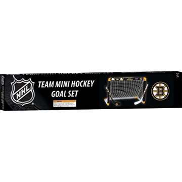 Franklin Sports Boston Bruins Mini Hockey Set - Knee Hockey Goal, Ball, & 2 Hockey Stick Combo Set - Mini Goal Net - NHL Official Hockey Set, 28" x 20" x 12"