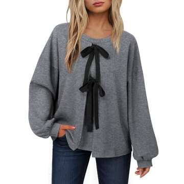 Vivilli Womens Puff Sleeve Bow Top: Long Sleeve Shirts for Women - Trendy Outfits for Women 2025 - Fall Sweatshirt Fashion Bow Sweater Business Casual Blouse Tunic Tops to Wear with Leggings Grey XL