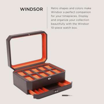 WOLF Windsor 10-Piece Watch Box with Drawer, Brown/Orange - Features 10 Watch Compartments, Eight Ring Rolls & 17 Jewelry Compartments - Vegan Leather Exterior