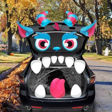 Roberly Trunk or Treat Car Decorations Kit, Halloween Cute Monster Face Garage Door Decorations Waterproof Car Stickers with Eyes Horns Fangs Claws for Car SUV Garage Outdoor Party Decor