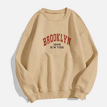 SAFRISIOR Women Oversized Brooklyn New York Letter Print Graphic Fleece Sweatshirt Crewneck Long Sleeve Pullover Jacket Khaki