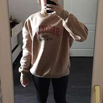 SAFRISIOR Women Oversized Brooklyn New York Letter Print Graphic Fleece Sweatshirt Crewneck Long Sleeve Pullover Jacket Khaki