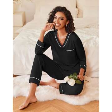 Ekouaer Women's Pajamas Sets 2 piece PJs V Neck Long Sleeve Sleepwear Comfy Pants Loungewear with PocketBlack Small