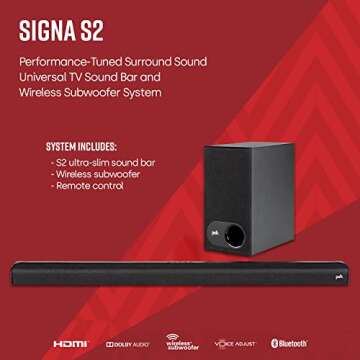 Polk Audio Signa S2 Sound Bar & Wireless Subwoofer – Exclusive VoiceAdjust Technology, Ultra-Slim Design, Works with 4K & HD TVs, HDMI & Optical, Bluetooth, Wireless Streaming