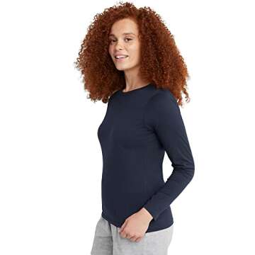 Hanes Navy Long Sleeve Cotton T-Shirt for Women