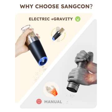 Sangcon Gravity Electric Pepper and Salt Grinder Mill Automatic Shaker Grinder with LED Light, Battery Powered Adjustable Coarseness One Hand Operation, Upgraded Larger Capacity, 1pc