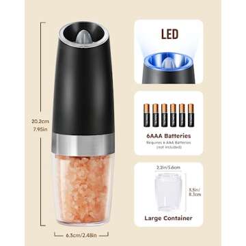 Sangcon Gravity Electric Pepper and Salt Grinder Mill Automatic Shaker Grinder with LED Light, Battery Powered Adjustable Coarseness One Hand Operation, Upgraded Larger Capacity, 1pc