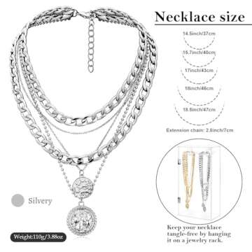 MJartoria Gold Layered Necklaces for Women Trendy Retro Coin Pendant Necklace Dainty Chunky Chain Choker Necklaces for Jewelry Birthday Gifts (Silver, A-Retro Coin-5 in 1 Layered)