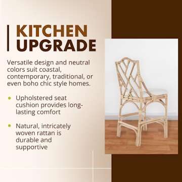 KOUBOO Chippendale Rattan Kitchen Counter Chair, Kitchen Island Seating, Kitchen Furniture, Bohemian Decor, Contemporary Seating, Off White Upholstery, Natural