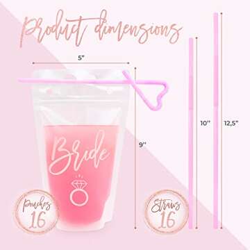 Effortless Events Bachelorette Drink Pouches for Adults, 16 Count, 15 Oz Drink Pouches with Straws, Rose Gold, Bride and Bride Tribe, Bachelorette Party Cups