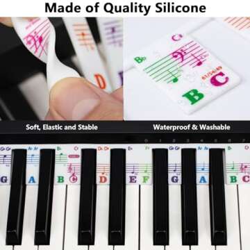 Piano Stickers for Beginners, Azymi Piano Note Stickers Removable for 88/76/61/54/49/37 Keys Reusable Silicone Strips Multi-Color Large Bold Letter for Kids