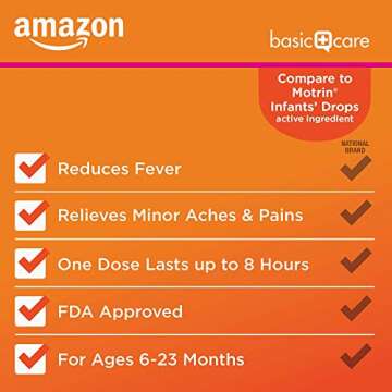 Amazon Basic Care Infants’ Ibuprofen Oral Suspension, 50 mg/1.25 mL, Berry Flavor Concentrated Drops, Dye-Free, 1 fl oz (Pack of 1)