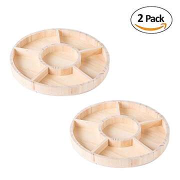 Wooden Tray with 6 Sections – 2 Pack Round Tray Chip and Dip Platter – Divided Serving Tray for Appetizers & Snacks – Veggie Platter - Food Trays for Party Buffet Montessori Wooden Trays - 10”x1”