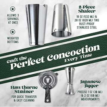 Mixology Cocktail Shaker Boston Shaker Set Professional Weighted Martini Shakers, Strainer and Japanese Jigger, Portable Bar Set for Drink Mixer Bartending, Exclusive Recipes Cards (Silver)