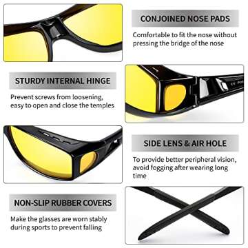 URUMQI Night Vision Driving Glasses Fit Over Glasses for Men Women, Anti Glare Polarized Nighttime Glasses HD Yellow Lens