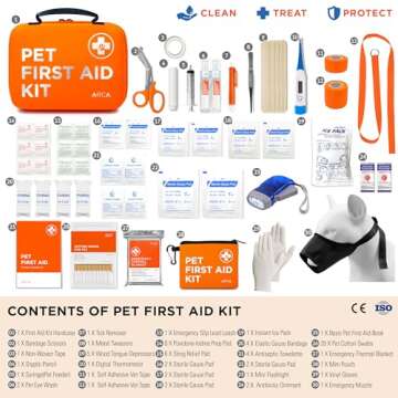 ARCA PET Dog First Aid Kit | Vet Approved Dog & Cat Emergency Supplies with Thermometer, Muzzle, Tick Removal, Flashlight, Mini Pouch, and Comprehensive Care Guide for Travel and Outdoor Use