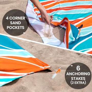 Everlasting Comfort Beach Blanket Waterproof Sandproof - Large Oversized Beach Mat for 10 People w/Stakes, Storage Bag - Beach Accessories for Family, Picnic, Concert, Travel